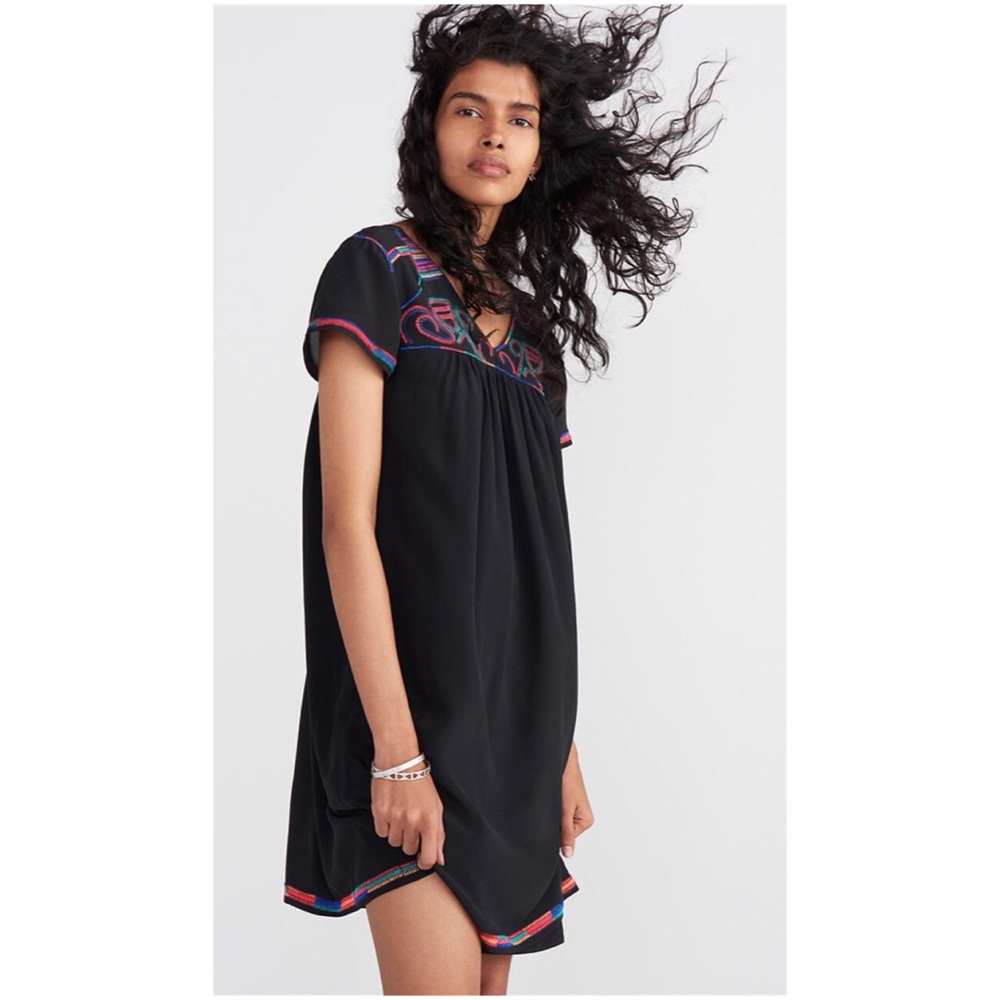 Madewell Black Mini Dress with Colorful Embroidered Trim